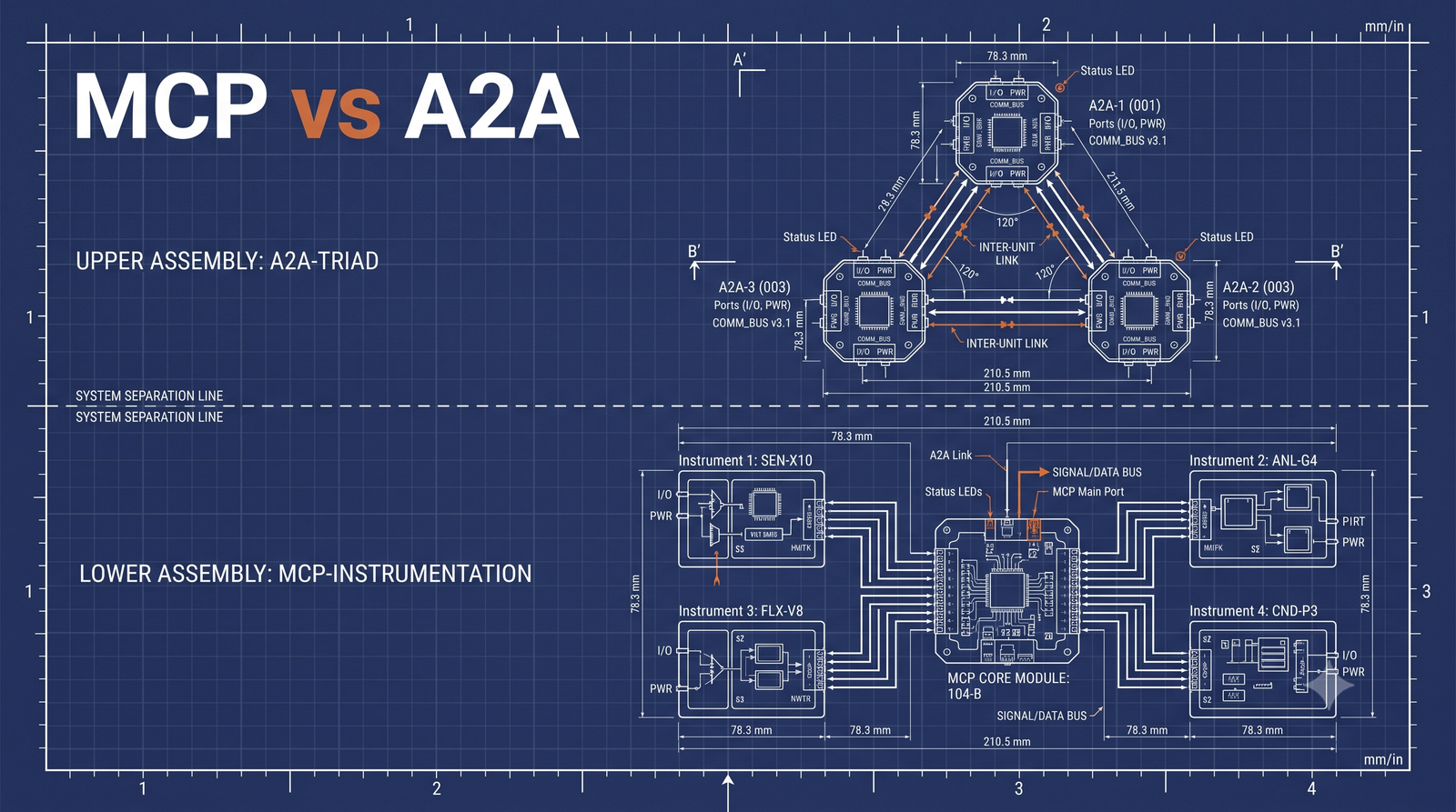 Engineering blueprint contrasting an MCP tool assembly with an A2A triad of peer agents