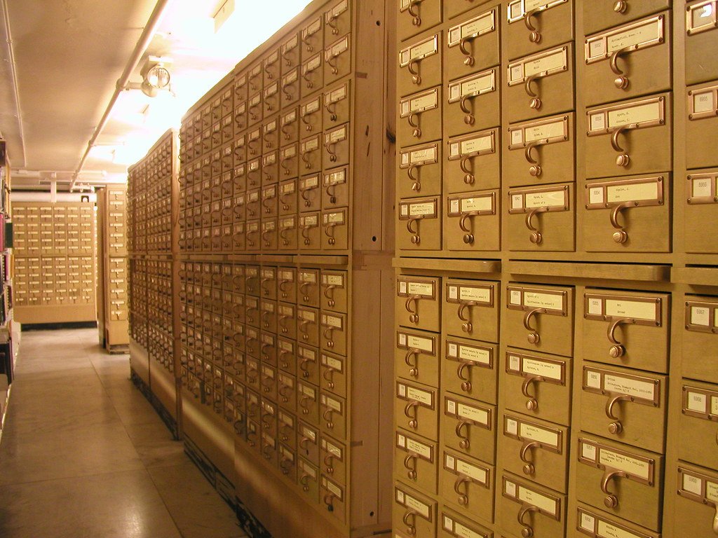 A library card catalog, once the first stop in any search