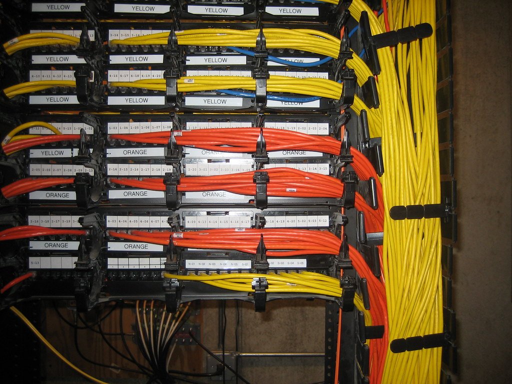 A Cat6 network patch panel with cables connected to each port