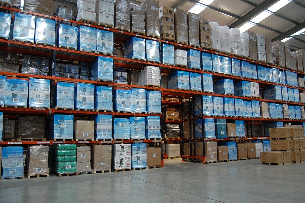 Long aisles of racking inside a distribution warehouse